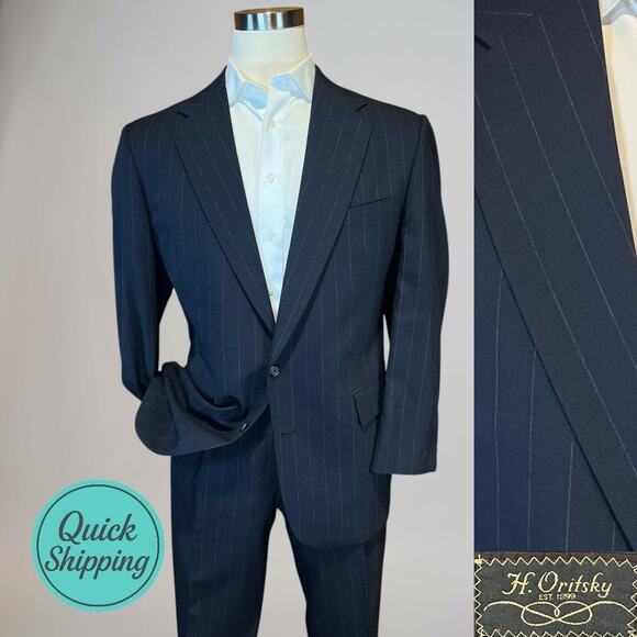 Vintage H Oritsky 44L 36x31 Navy Blue Banker's Stripe Quality Suit